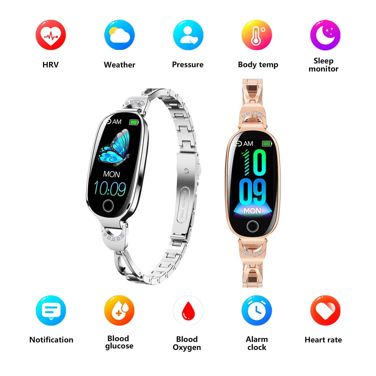 Gold Smartwatch for Women Compatible for Android& IOS with Female Menstrual Cycle Heart Rate Blood Pressure Remote Photography Waterproof Pedometer