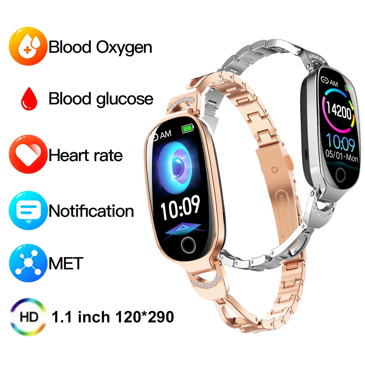 Gold Smartwatch for Women Compatible for Android& IOS with Female Menstrual Cycle Heart Rate Blood Pressure Remote Photography Waterproof Pedometer