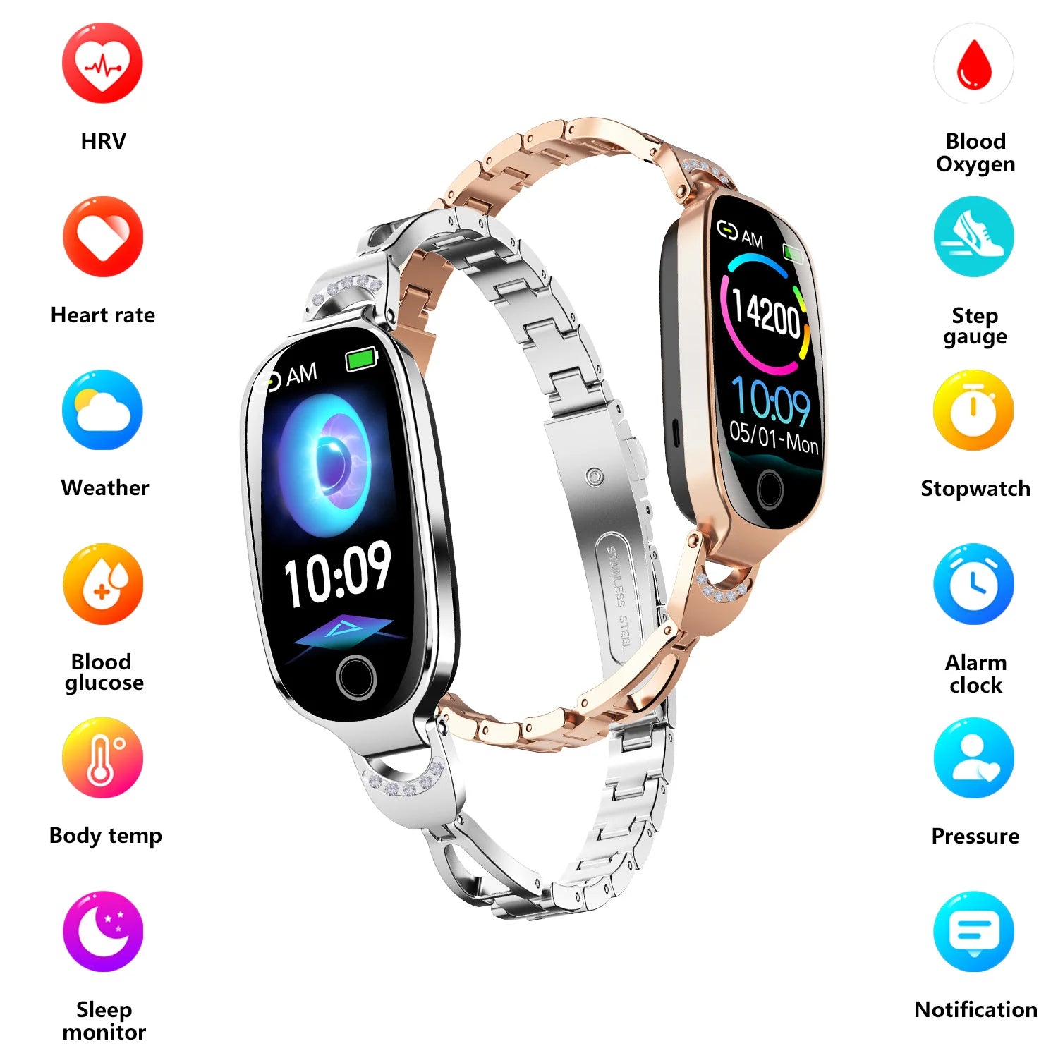 Gold Smartwatch for Women Compatible for Android& IOS with Female Menstrual Cycle Heart Rate Blood Pressure Remote Photography Waterproof Pedometer