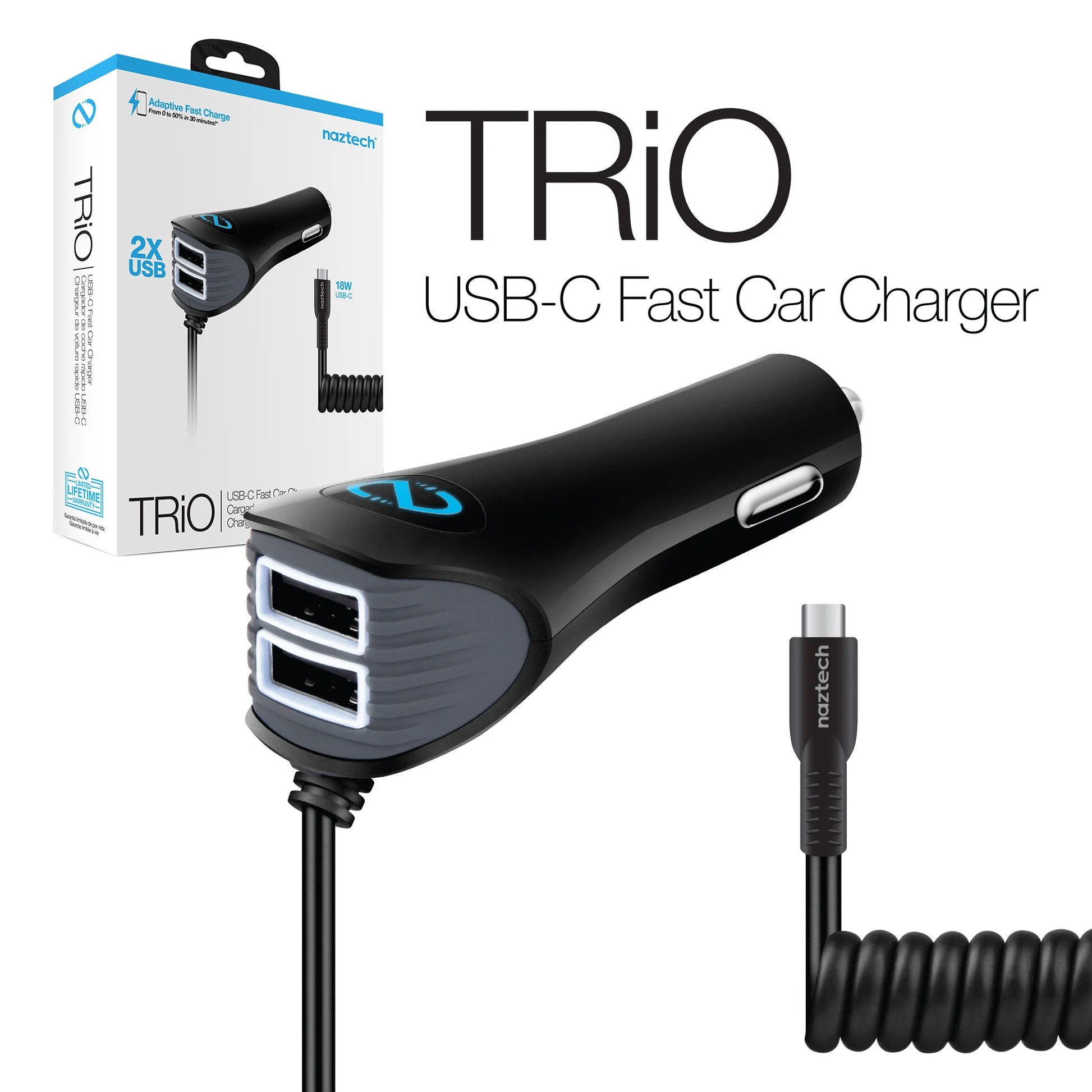 Naztech N420 Trio USB-C Fast Charge + 2.4A Car Charger