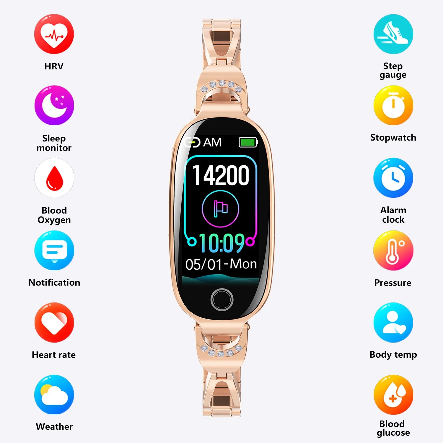 Gold Smartwatch for Women Compatible for Android& IOS with Female Menstrual Cycle Heart Rate Blood Pressure Remote Photography Waterproof Pedometer